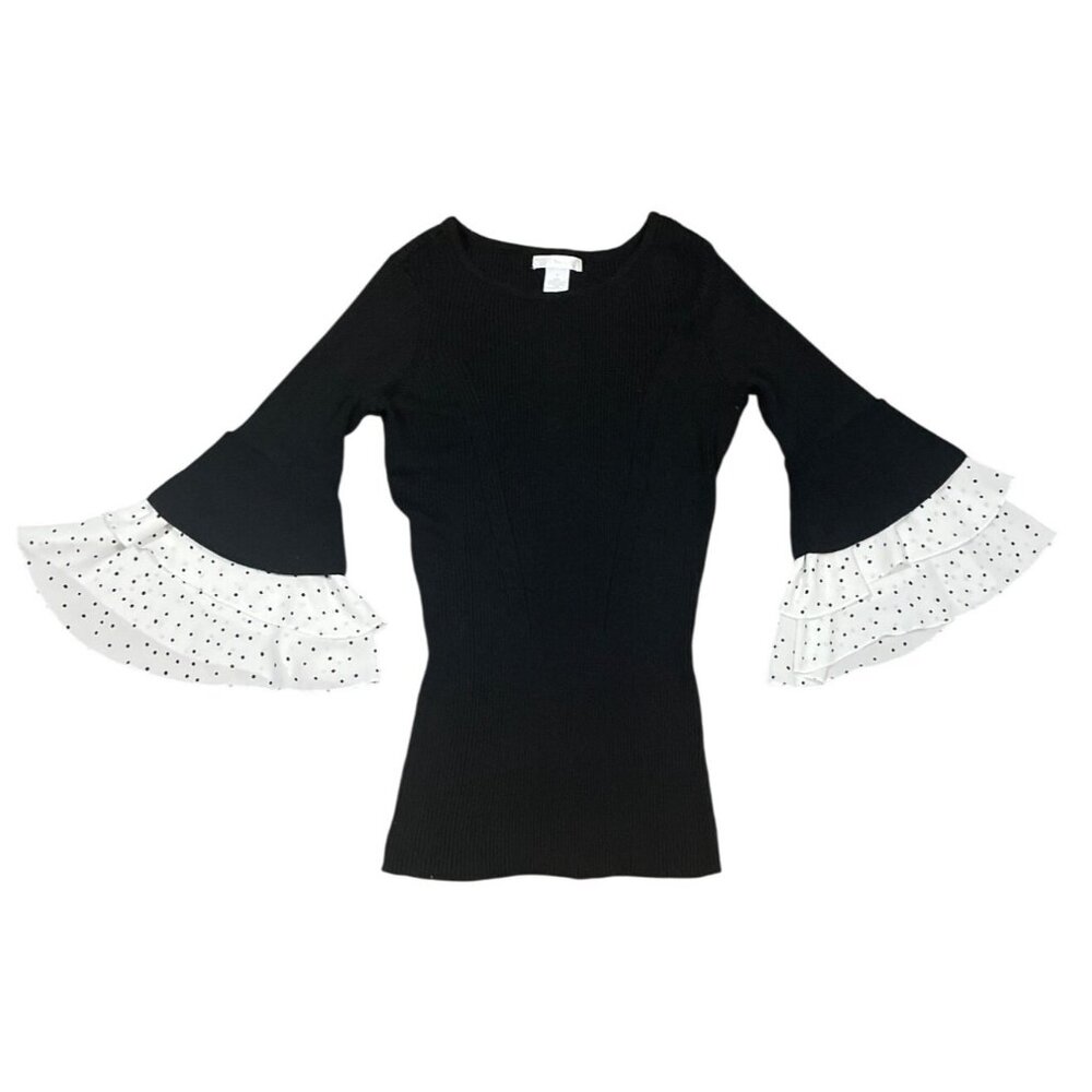 Womens Black Ribbed Knit Top With Polka Dot Ruffle Sleeves S Whimsical Classic S